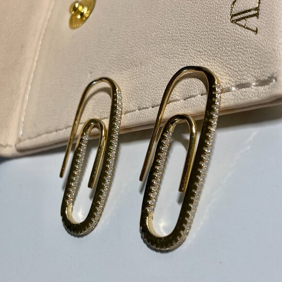 Adornmonde Paper Clip Pave Earrings, 14K Gold Plated Sterling Silver - Picture 2 of 8